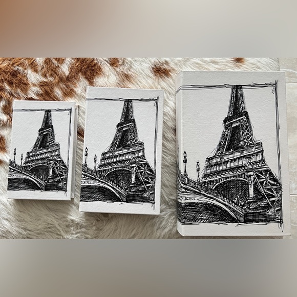 3 Nesting Paris Effiel Tower Distressed Storage CORK Books Monochrome GOLD EUC - Picture 3 of 13